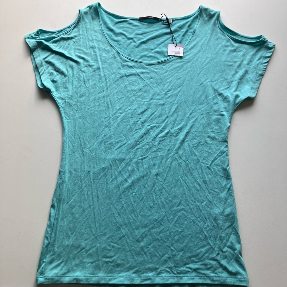Tahari Alexandria Knit Turquoise Aqua Cold Shoulder Tee T-Shirt Top Sz Small NWT